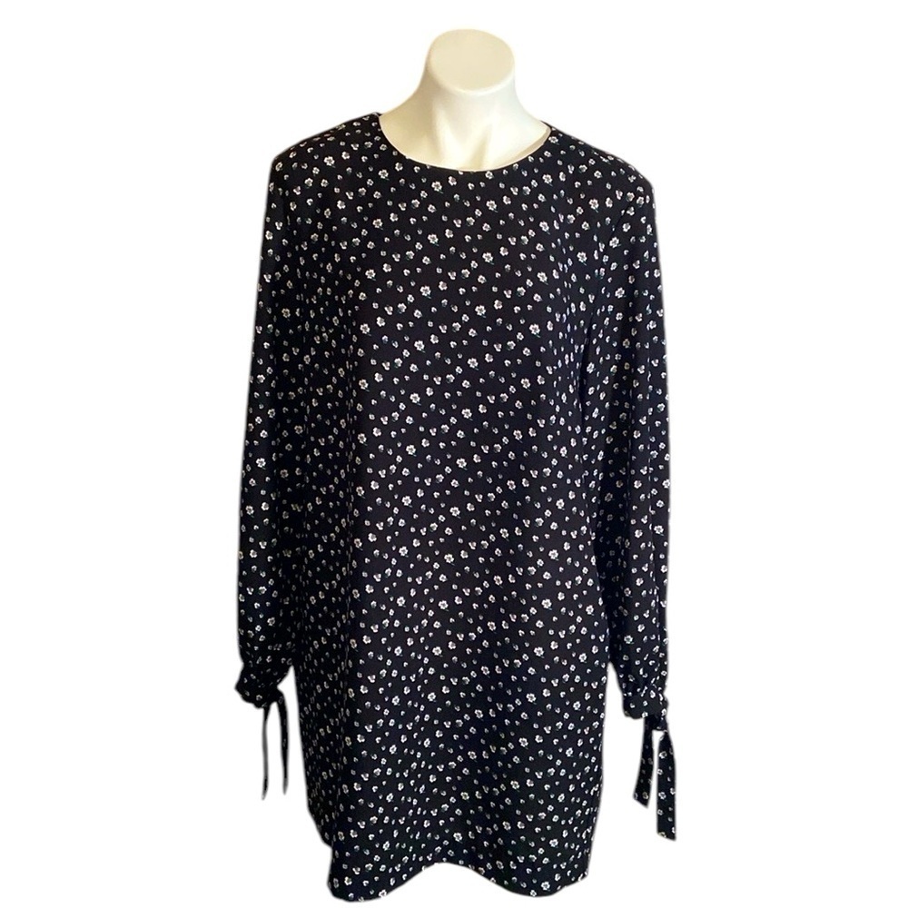 H&M Black Floral Long Sleeve Scoop Neck Shift Dress Size 14